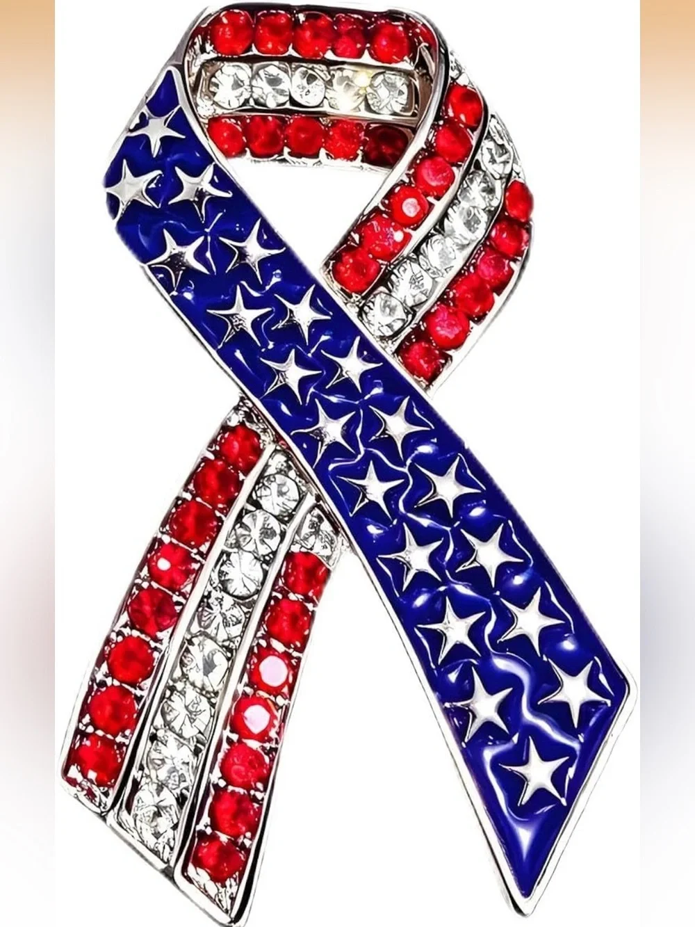 US Flag July 4 Patriotic Ribbon Flag Brooch with Stars and Rhinestones